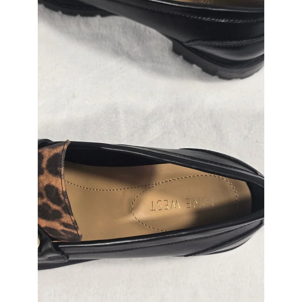 Nine West Wnnewdale8 Leopard Print Horsebit Lug Sole Loafers Black Women 6M new